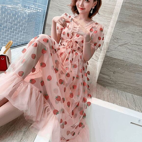 🍓 Strawberry Mesh Tulle Girly Cute Pink Puff Sleeve Glitter Midi Dress S NWT - Picture 16 of 16